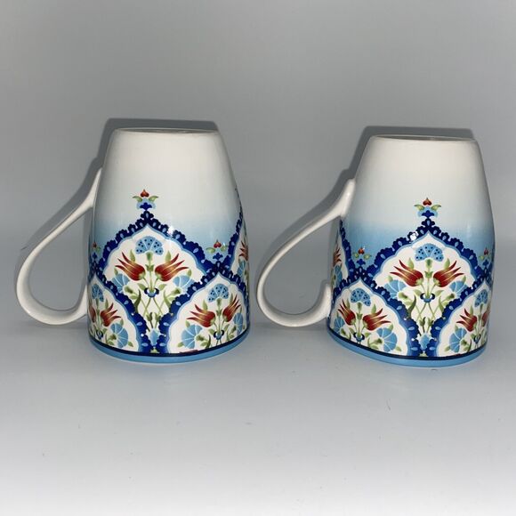 222 Fifth Tunisia Porcelain Floral Blue Coffee Cup Mug Set of 2 - Picture 9 of 10